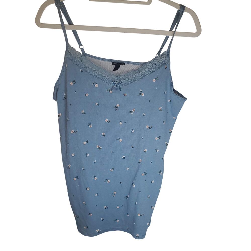 Torrid 3X Blue Ditsy Floral Rib Knit Lace Trim Cami Tank Top Coquette Romantic